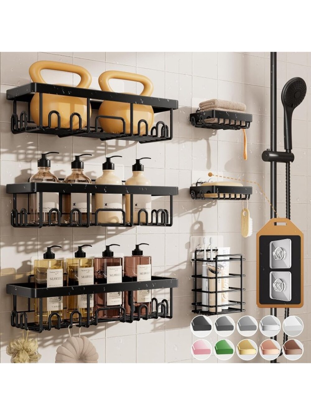 New 6-Pack Rustproof Shower Caddy Set with Soap Holder, No-Drill Adhesive Wall S